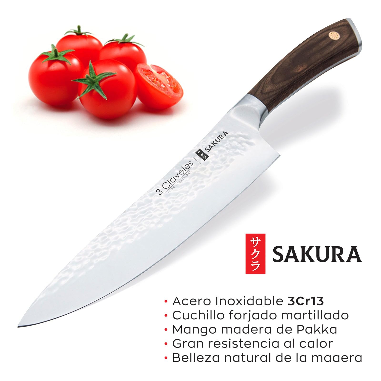 3 Claveles Juego de 5 Cuchillos Profesionales con Hoja Martilleada y Taco de Madera (5X Sakura Plus)