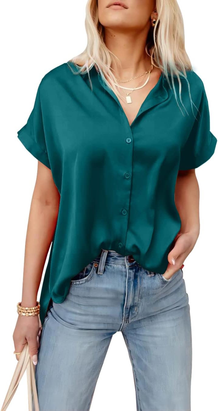Pausus Collared Satin Shirt Womens Casual Short Sleeve Button-Up Collared Silk Blouse(Peacock Blue,S)