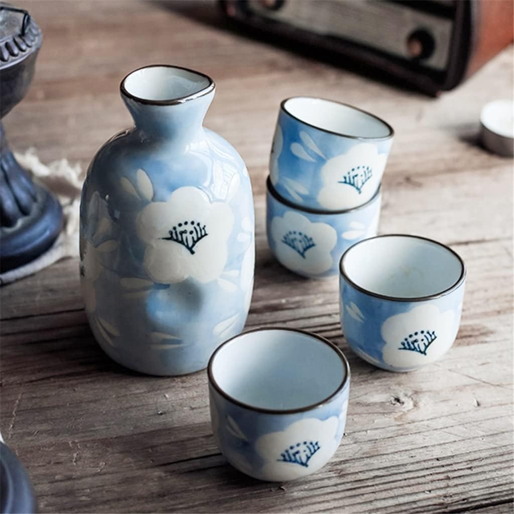 Wine Set Japanese Sake Set Ceramic Wine Pot with Drinking Cup Flagon Bar Set (1 Pot + 4 Cups)