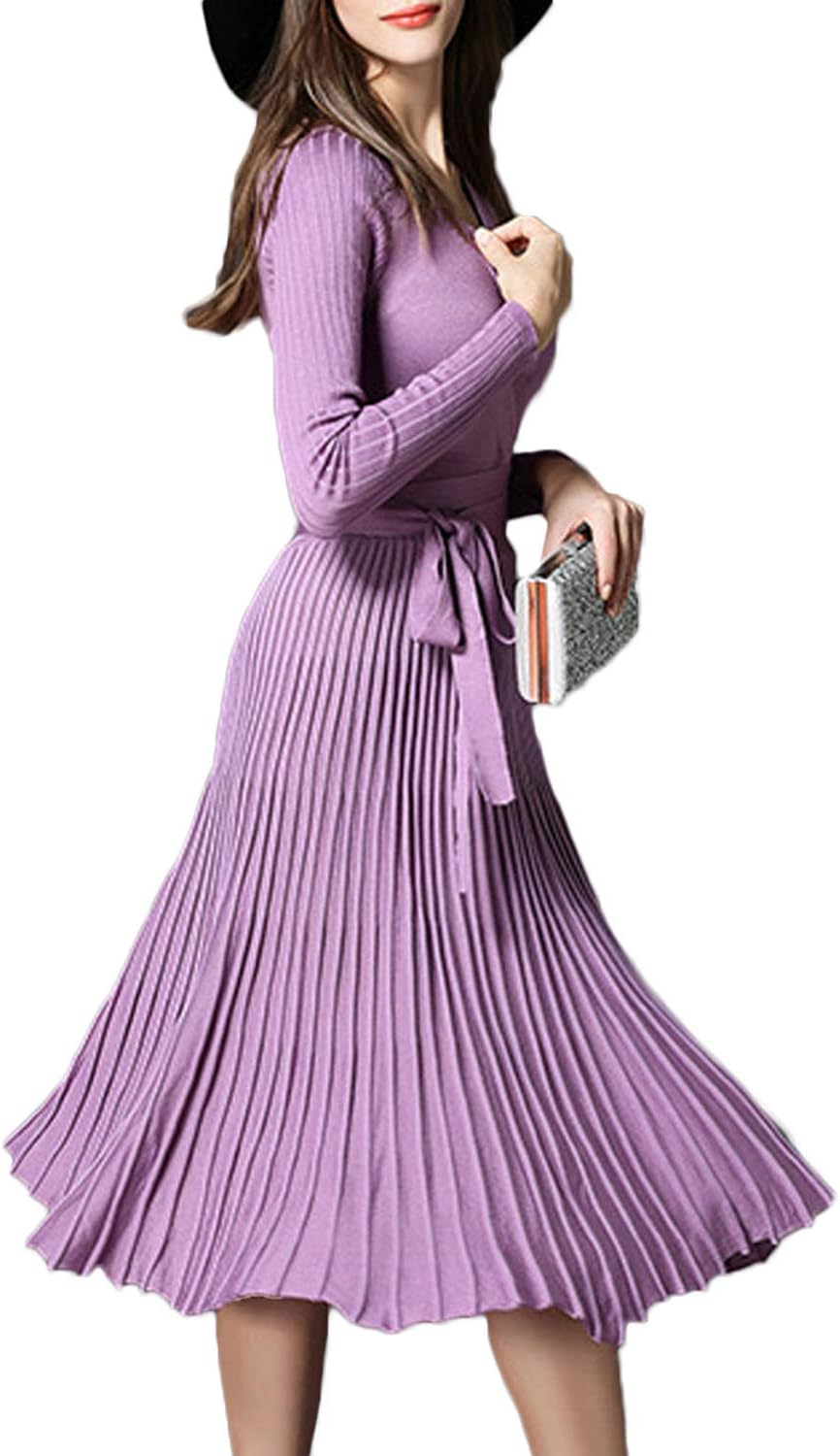 Women V Neck Long Sleeve Mock Wrap Fit Flare Belted Knit Sweater Dress