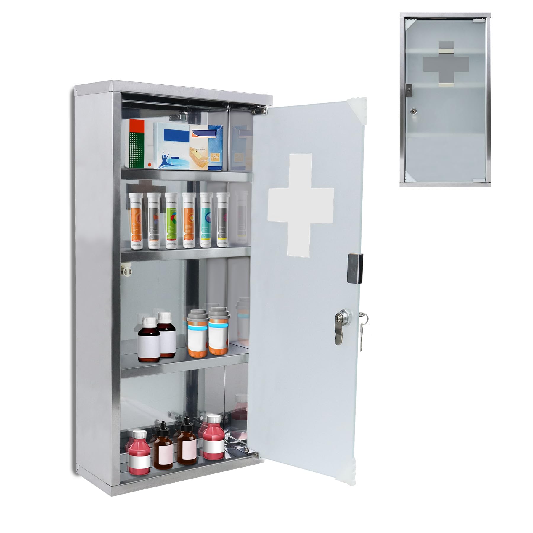 ACXIN Armoire à pharmacie en acier inoxydable 30 x 12 x 57,5 cm avec 4 compartiments, armoire à pharmacie suspendue, verrouillable, armoire à pharmacie domestique, rangement des médicaments, argentée