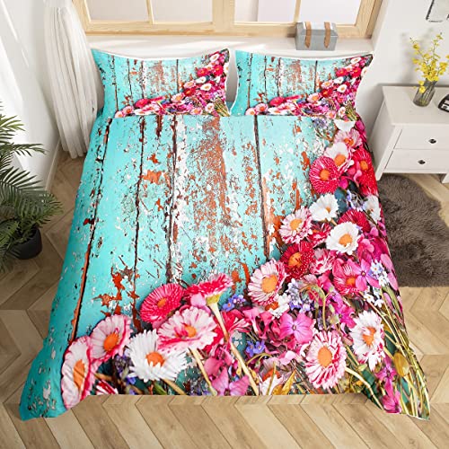 Loussiesd Daisy Bedding Set Botanical Floral Duvet Cover For Kids Child Teens Blue Wooden Comforter Cover Blossom Flowers Quilt Cover 3Pcs Double Size