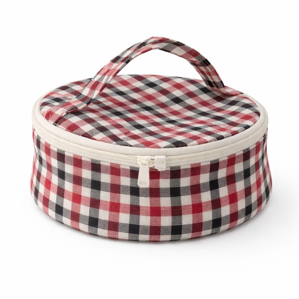 Red Check Fabric Casserole Roti Cover | Round Cotton Roti with Zipper & Handle | Chapati Cloth for Kitchen (1, Red)-image-44