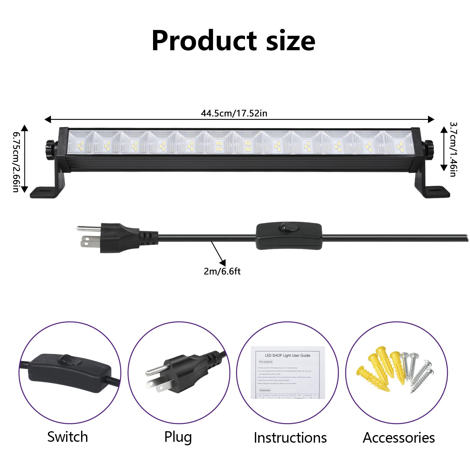 2 Pack 24W LED Shop Light Plug in Garage Light with 6 5FT Cord and On Off Switch — view 7