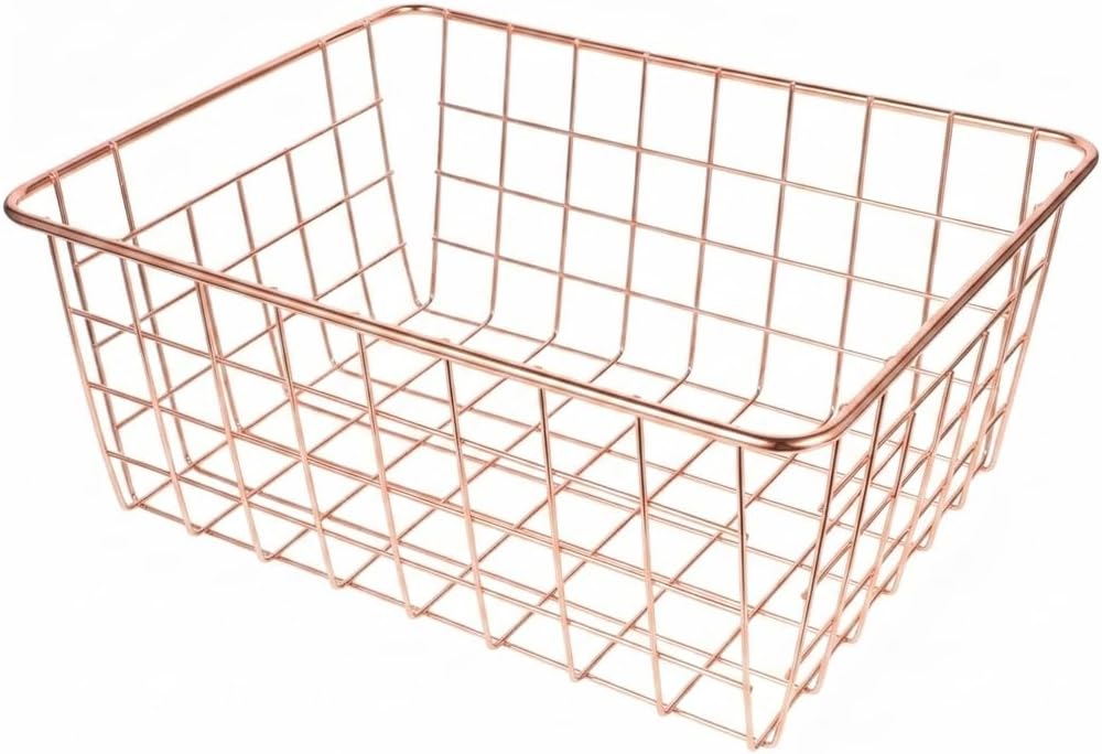 6 Pack Rose Gold Wire Baskets with Handles, Metal Pantry Organizer Bins