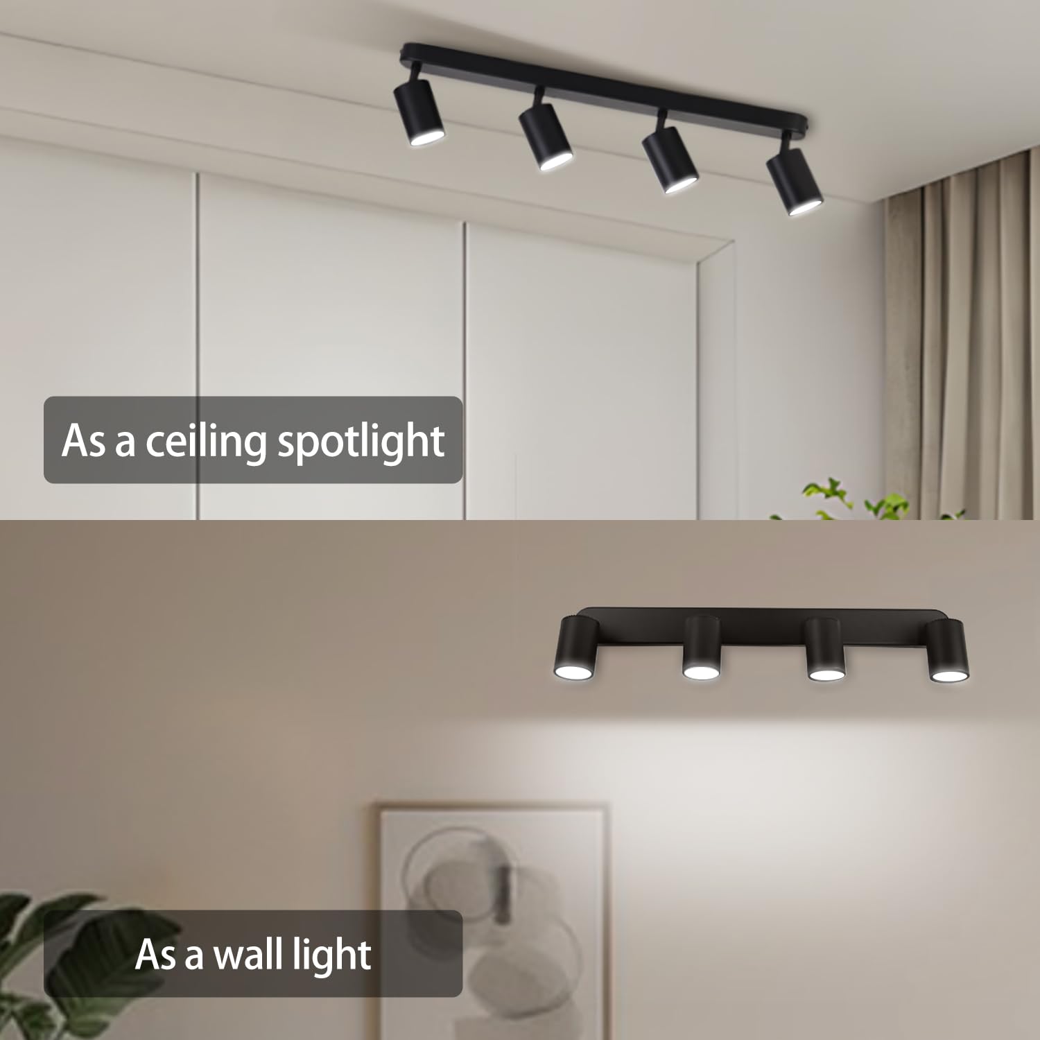 CHENBEN Reflektor sufitowy, 4 żarówki, GU10, czarna, regulowana w zakresie 350°, lampa sufitowa, nowoczesne reflektory punktowe LED, do sypialni, kuchni, salonu (bez żarówek)