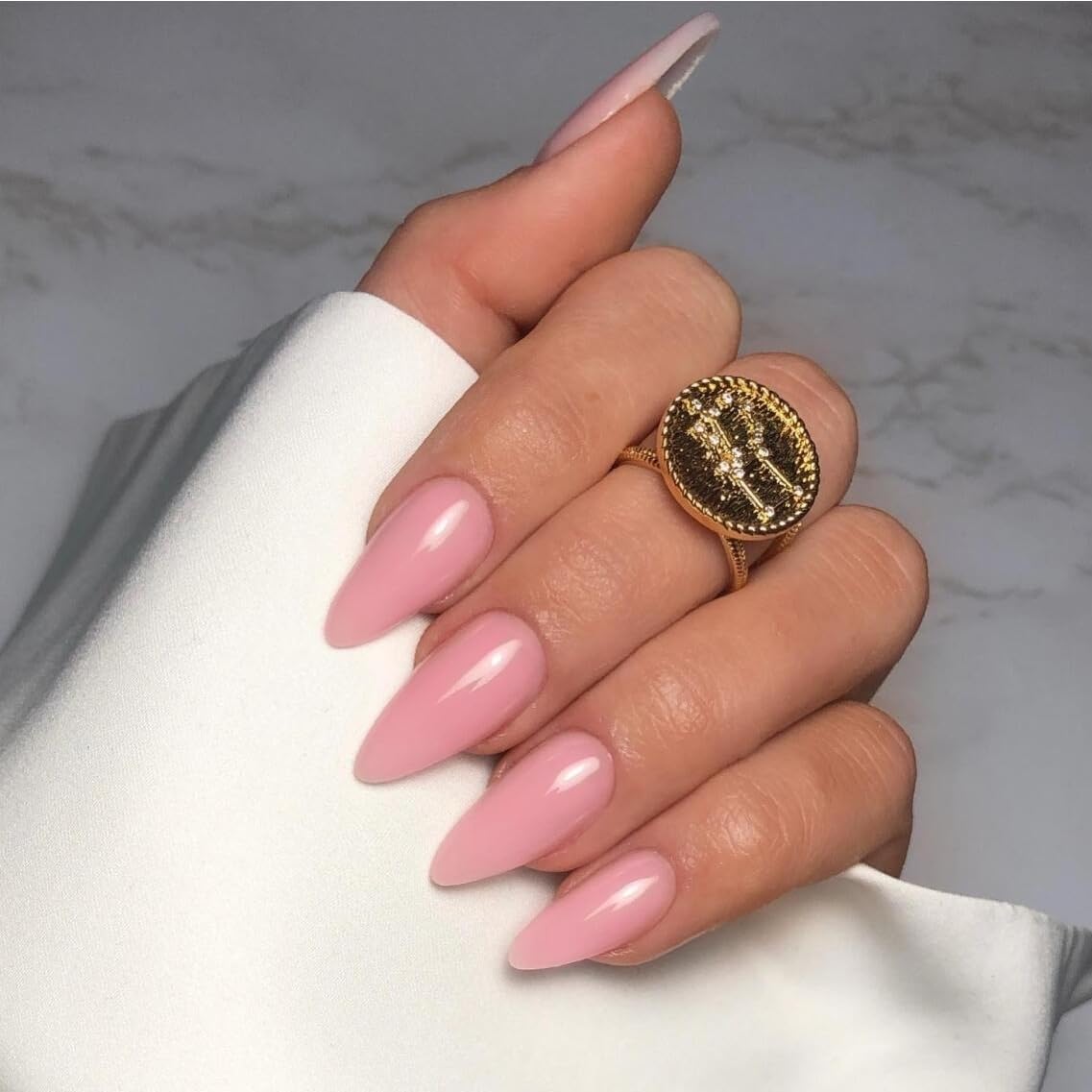SXVME 48 Pcs Baby Pink Press on Nails Almond Medium Acrylic False Nails Medium Stiletto Natural Fake Nail Set Elegant Solid Color Full Cover Glossy Gel Stick on Nails for Women Daily Wear - Image 2