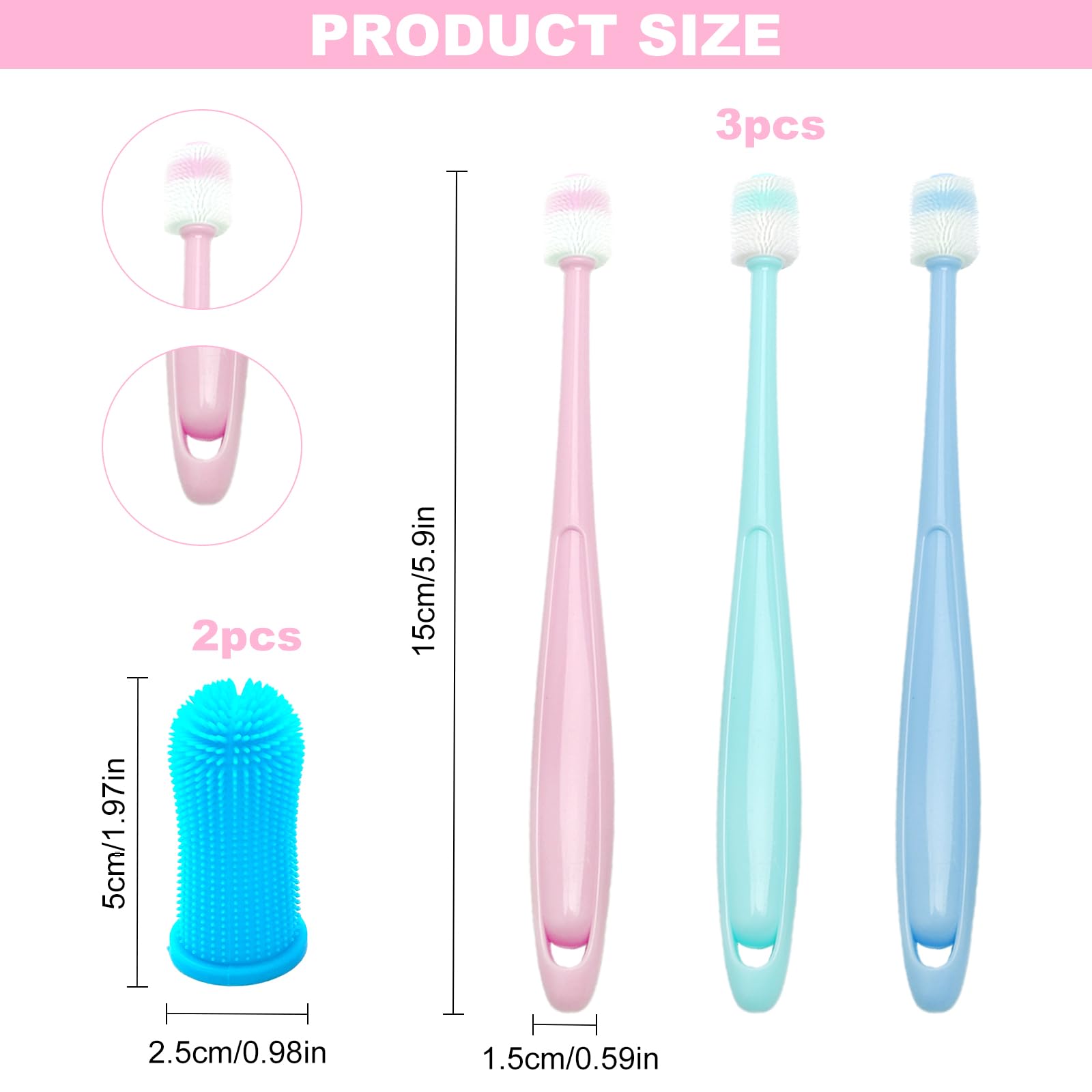 Juego de Cepillo de Dientes para Gatos – 3 Cepillos de Dientes + 2 Cepillos de 360 Grados, Silicona Suave, Reutilizable, para Perros y Gatos