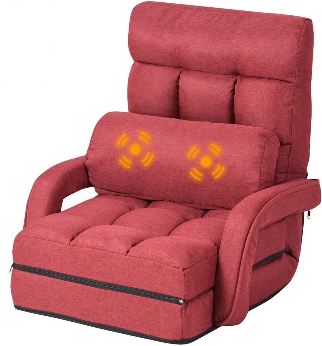 LDAILY LUARANE Adjustable Massage Floor Sofa Chair, Foldable Lazy Sofa with 5-Position Adjustable Backrest Lumbar Pillow Armrests, Indoor Lounger Bed for Bedroom Living Room (Red)