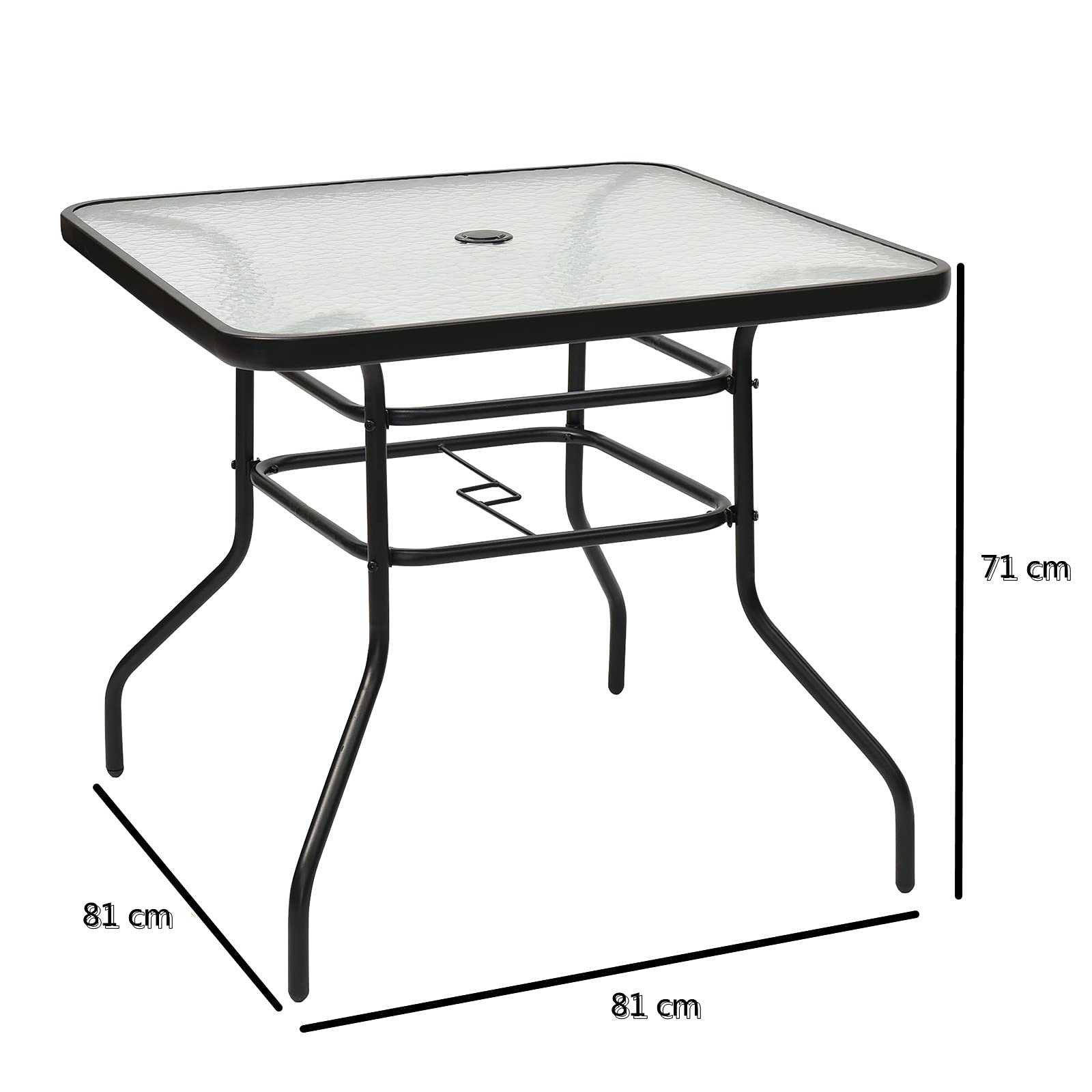 GYMAX Table de Jardin avec Trou de Parasol, Table Extérieur en Verre Trempé, Cadre en Métal, Forme Carrée 81 x 81 x 71 CM, Capacité 80 KG