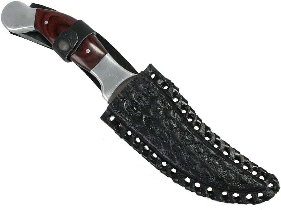 DEFENDER XTREME 9" Full-Tang Hunting Knife with Real Wood Handle and Leather Sheath