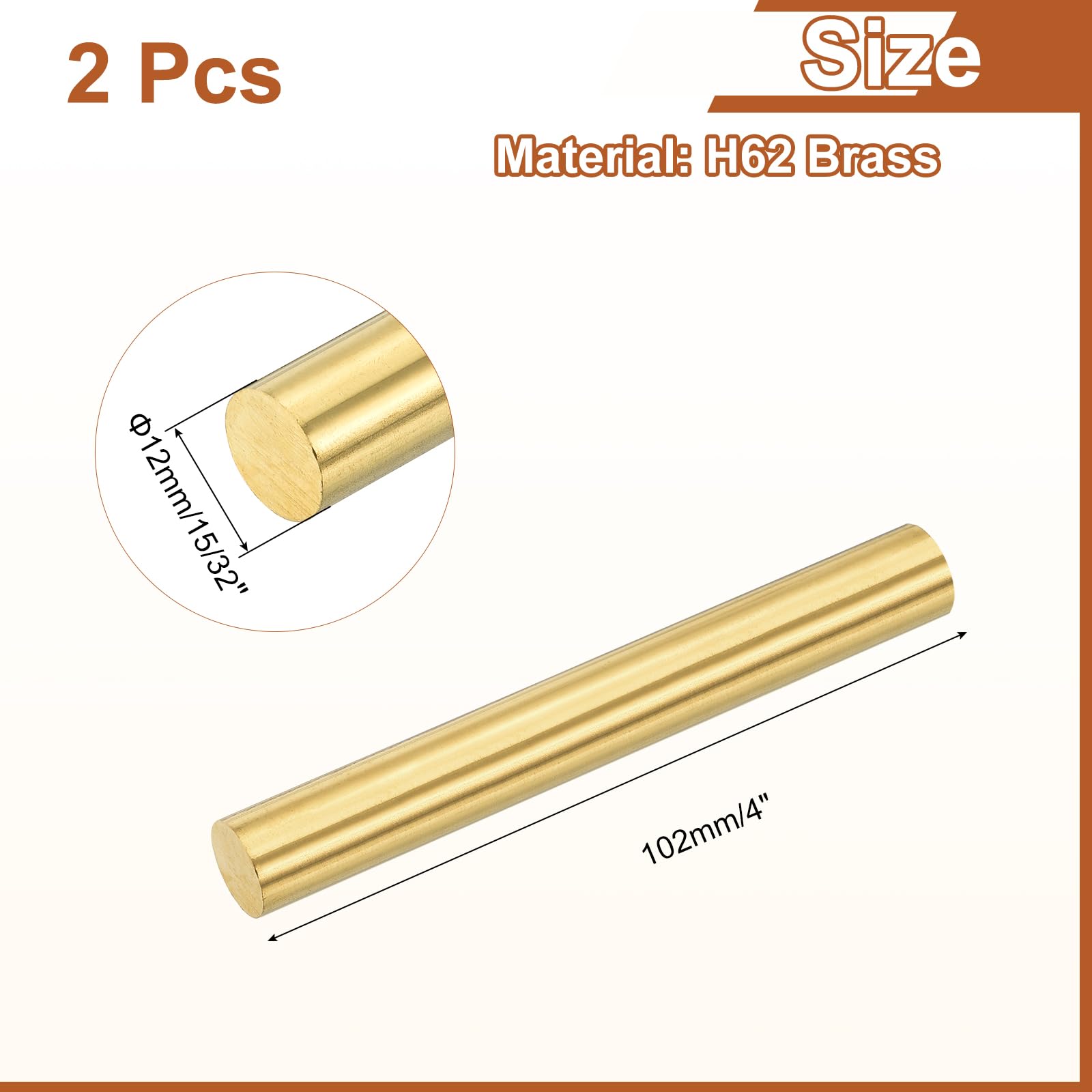 QUARKZMAN 2 Pezzi 15/32" (12mm) Diametro Ottone Solido Asta Rotonda, 4" (102mm) Lunghezza H62 Barra Tornio Stock