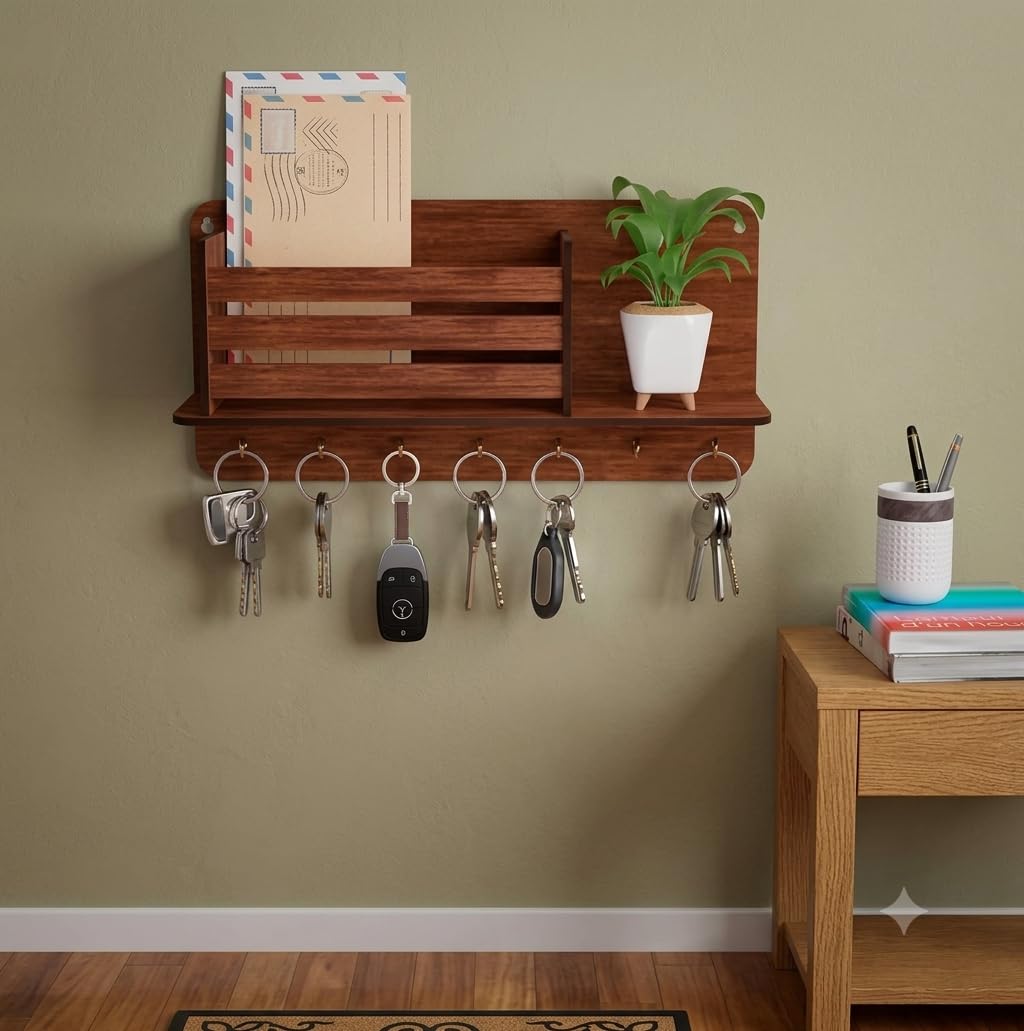 Wall Mounted Key Holder Organizer, Kitchen Cabinet Door Hanging Key Rack with Hooks and Key Rings, Brown (Wallnut)-image-30