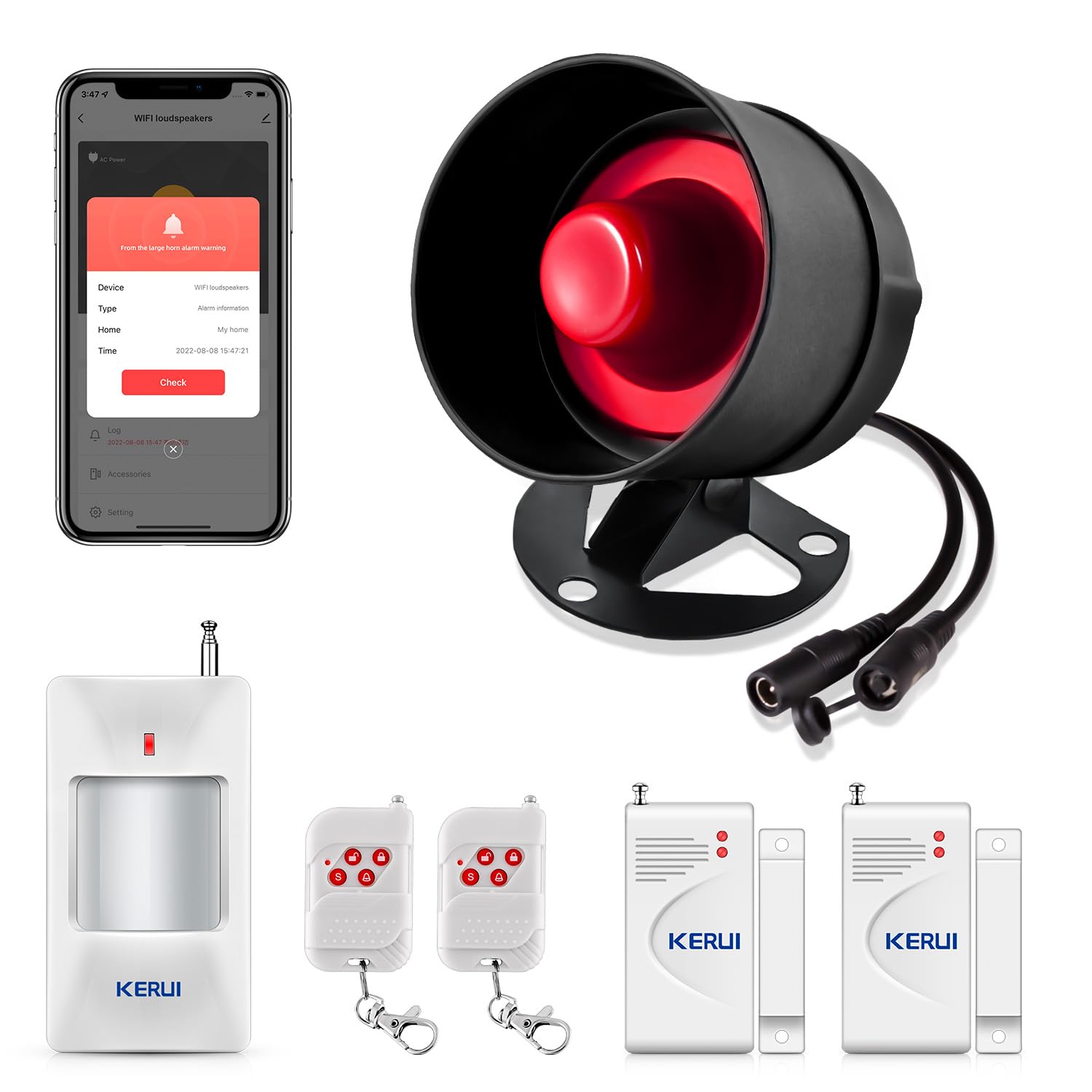 KERUI WIFI Standalone Home Shop Security Shed Alarm Garage Alarm System Kit, Wireless Weatherproof Siren Horn with Remote Control Door Contact Sensor,Motion Sensor, Compatible with Alexa Google Home