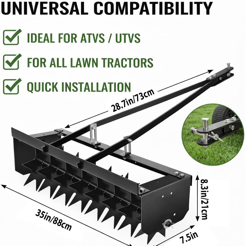 35“ Lawn Aerator Tool with Galvanized Steel Spikes, Extra-Wide Tow Bar Tow Behind Aerator for Lawn and Farm, Durable Core Aerator Lawn Tool for Soil