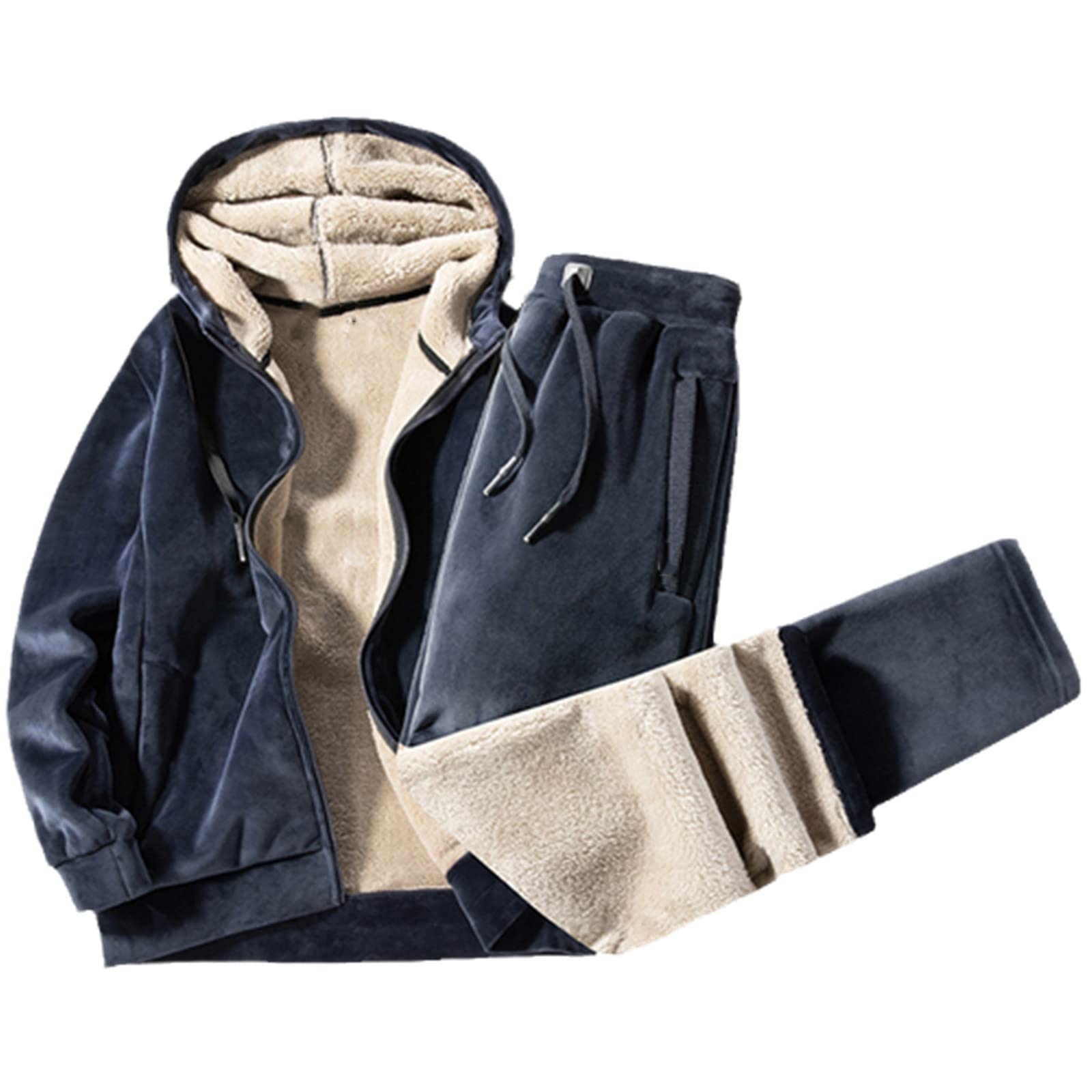 Inverno Caldo Più Velluto Ispessimento Tuta Uomo Due Pezzi Tuta Uomo Con Cappuccio Sciolto Cappotto 2 Pezzi Set, 3 pantaloni piatti blu, XL