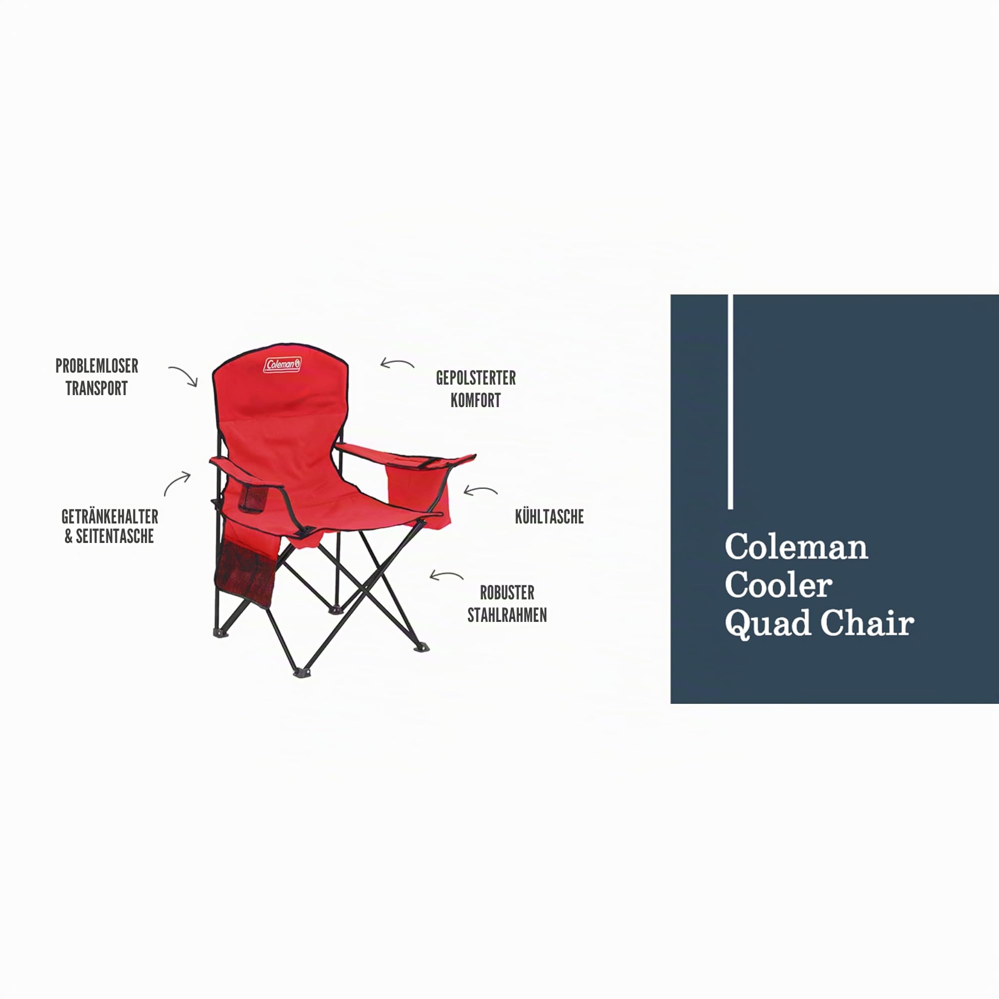 Coleman Tragbarer Campingstuhl mit 4-Dosen-Kühler, voll gepolsterter Sitz und Rückenlehne mit Seitentasche und Getränkehalter, Tragetasche inklusive, Klappstuhl für Camping, Heckklappen, Strand und