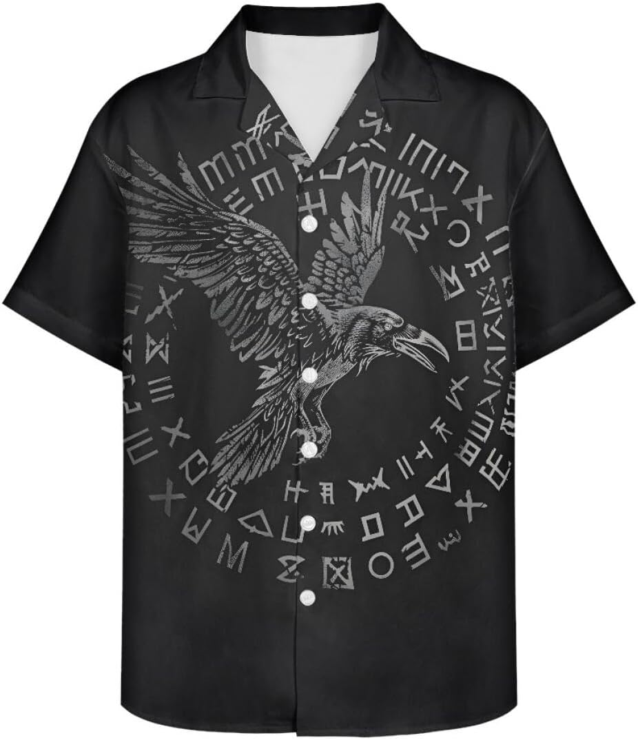 ENLACHIC Men's Viking Totem 3D Print Summer Short Sleeve Button Down Hawaiian Shirts