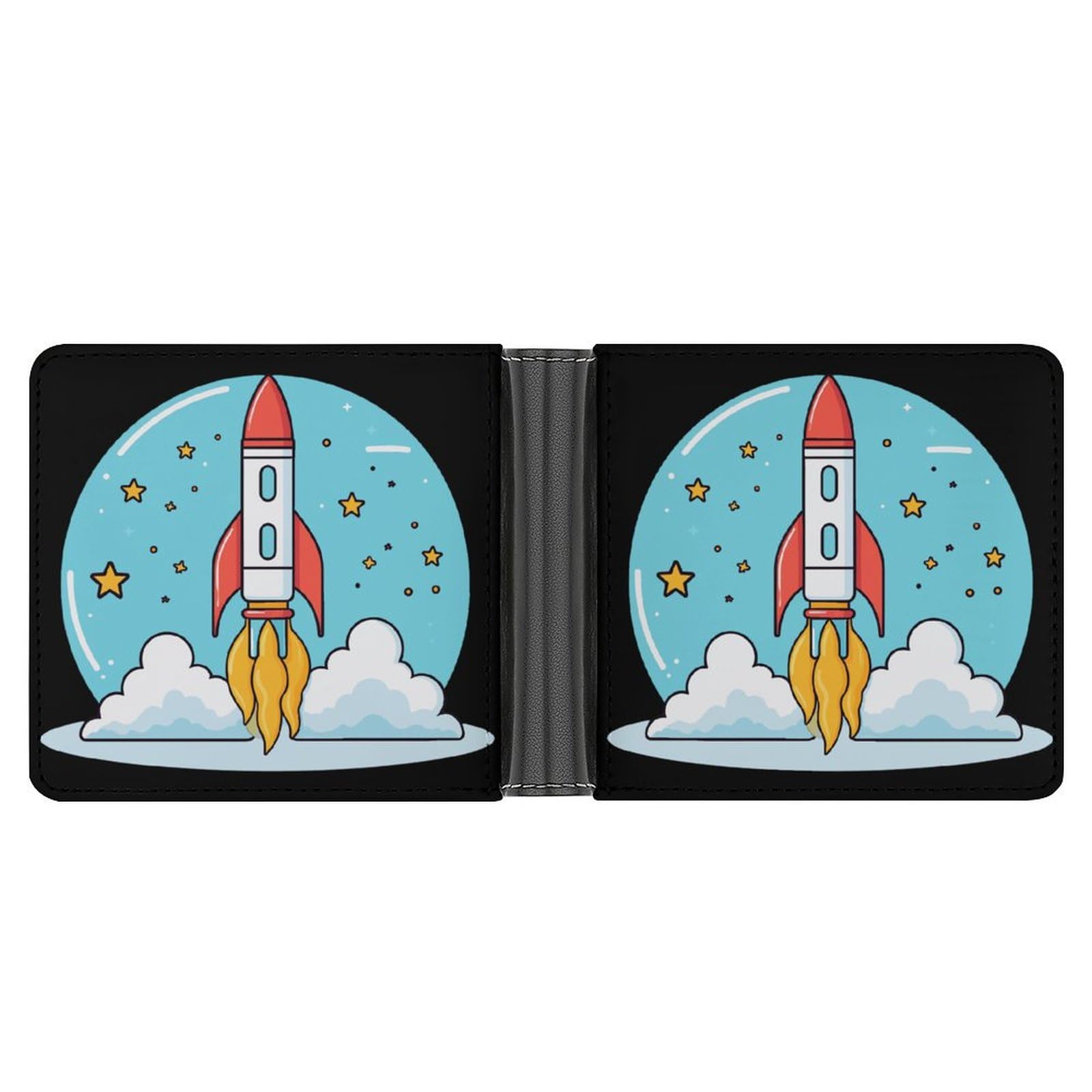 Cartoon Space Rockets Bifold Wallet PU Leather Coin Purse Lightweight Credit Card Holder Wallet Money Clip