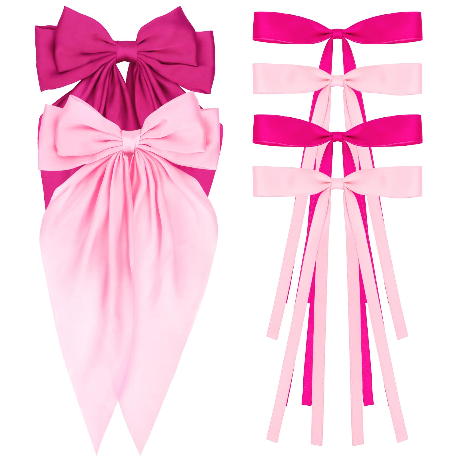 ANBALA Satin Ribbon Hair Accessories Set - 6 PCS Long Tailed Bowknot Hair Clips and Barrettes for Women and Girls (Pink, Hot Pink)