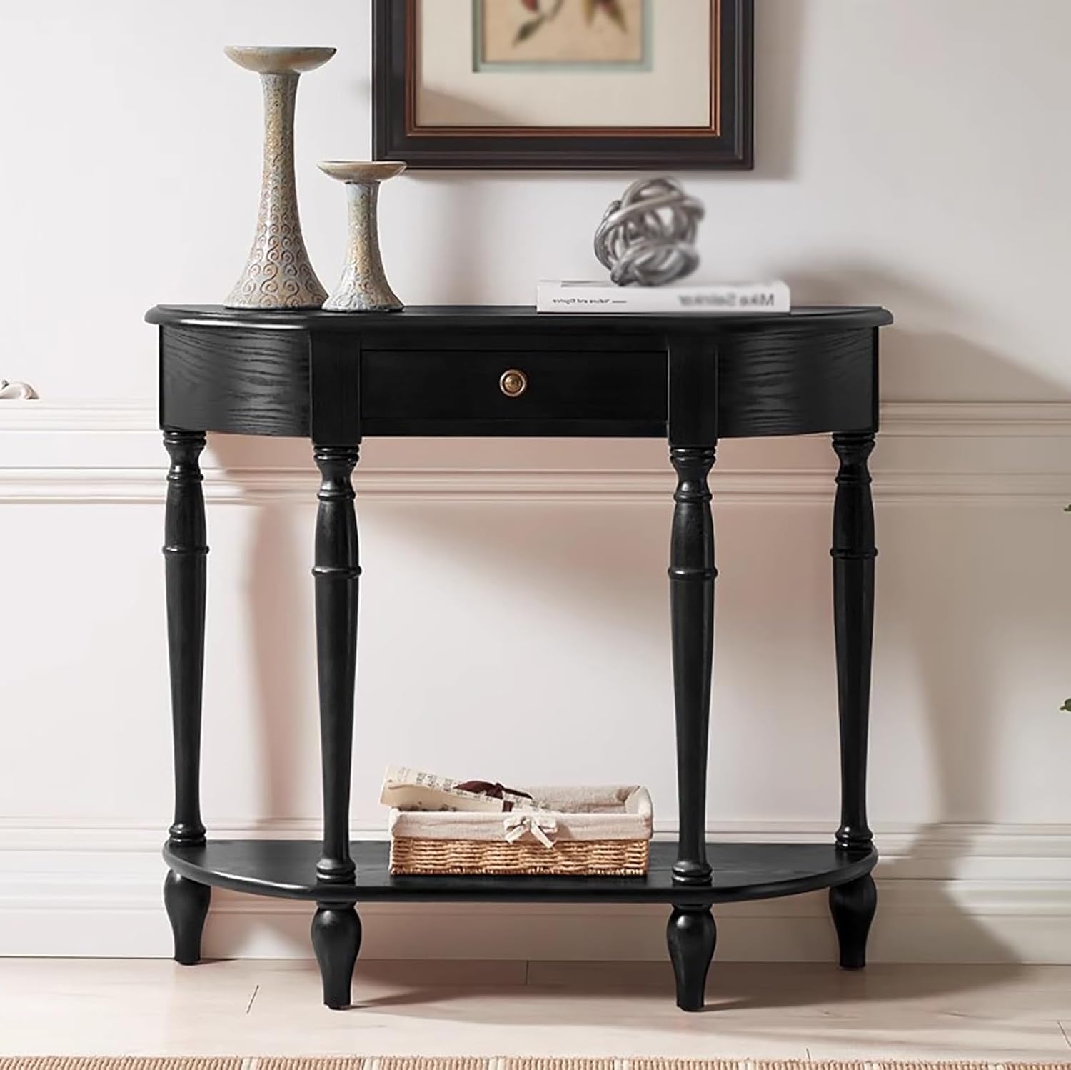 Mesa consola de media luna negra de 80 cm en madera maciza para pasillo