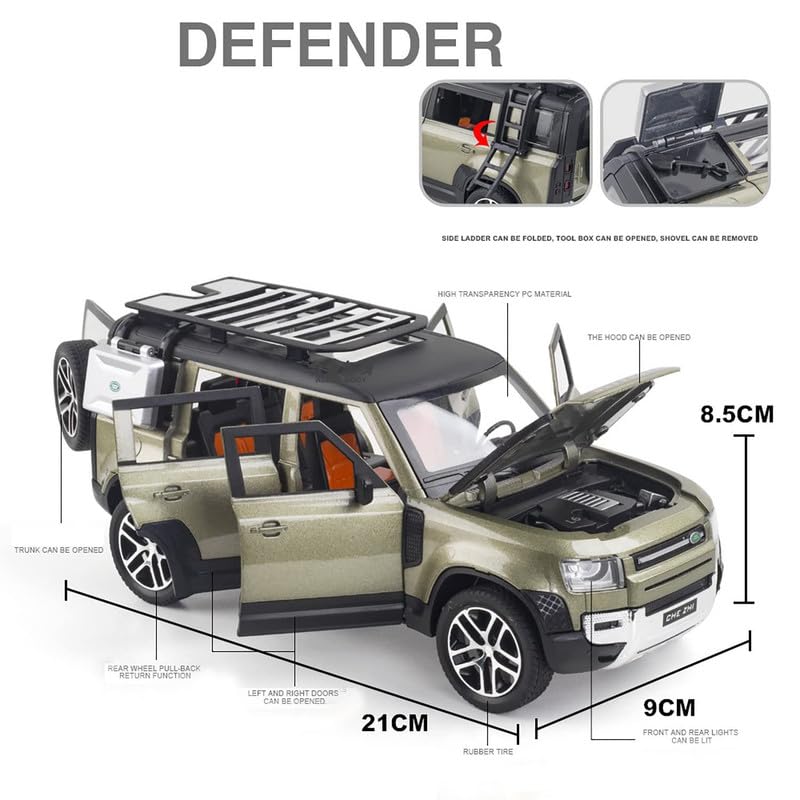 Image of PINQUE Kids New Car ‎1:24 Land Rover Defender Diecast Alloy Metal Pull Back Car with Openable Doors Music Sound and Light Vehicle Toy Car for Boys (Olive)