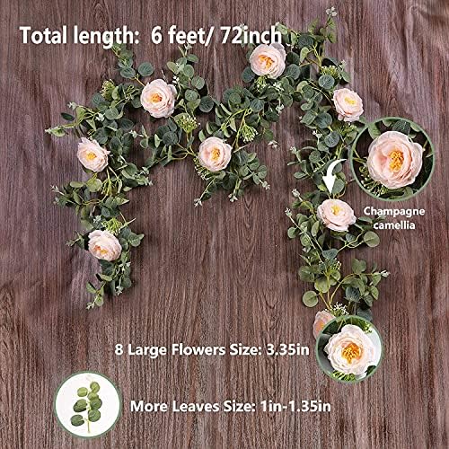 FascmeG 6.6ft Rose Vine Garland with Champagne Roses Faux Artificial Garland Green Leaves Table Runner for Home Wedding Party Garden Arch Wall Decor