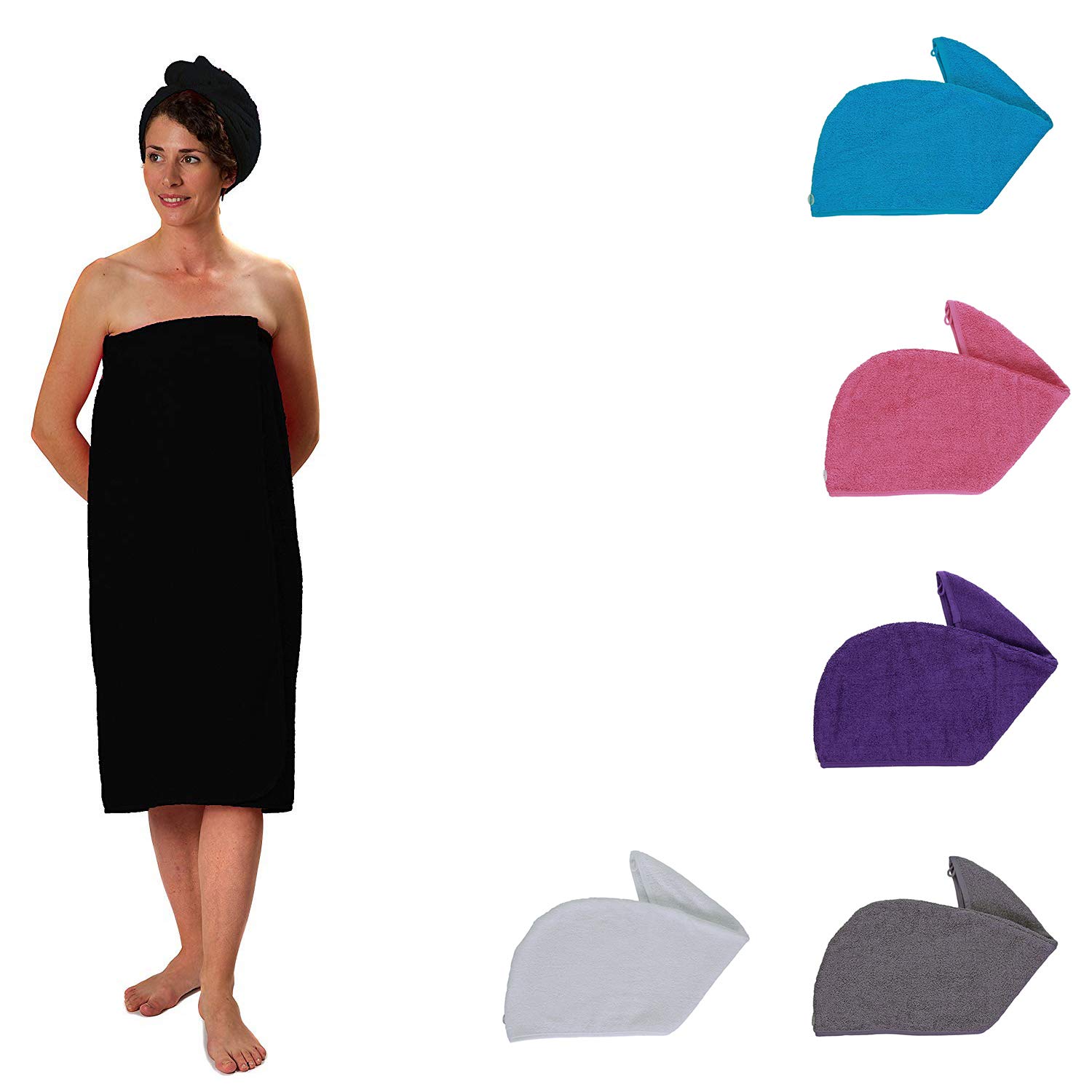 Aztex Black Spa Days Sarong Set - Egyptian Cotton Elasticated Sarong With Matching Hair Turban Towel In
