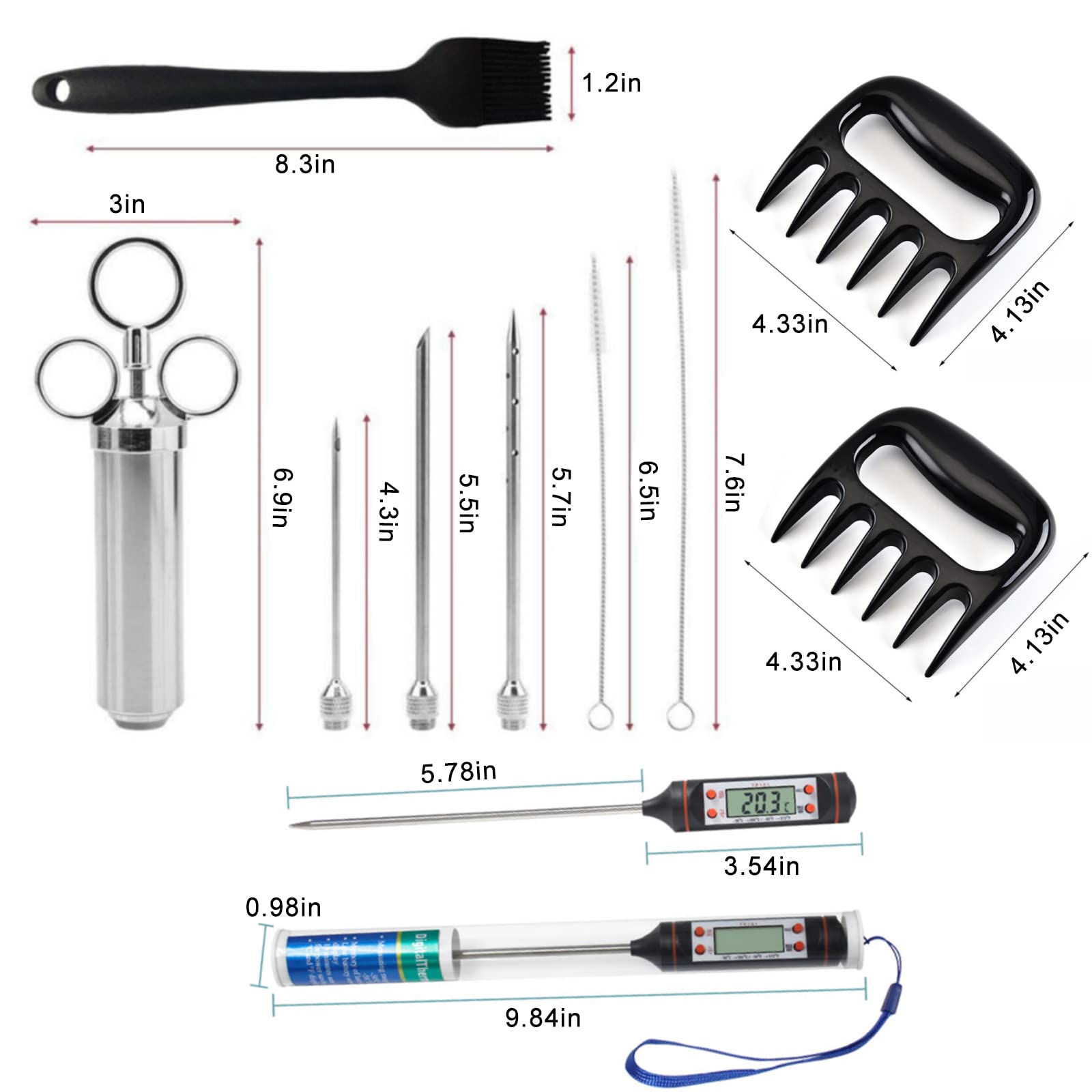 Set di siringa per arrosti Select Zone in acciaio inox 304 con 1 pennello per marinatura, 3 aghi, 1 paio di artigli per carne, 1 termometro per barbecue