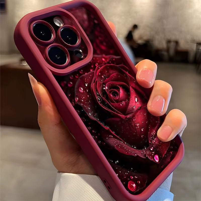 Image of COVERLY Red Rose Water Back Case for iPhone 12 Pro | 3D Gorgeous Raindrop Flower Cute Design | Camera Lens Protection | Soft TPU Silicone Aesthetic Print Cover for Girls & Women (Red, Shockproof)