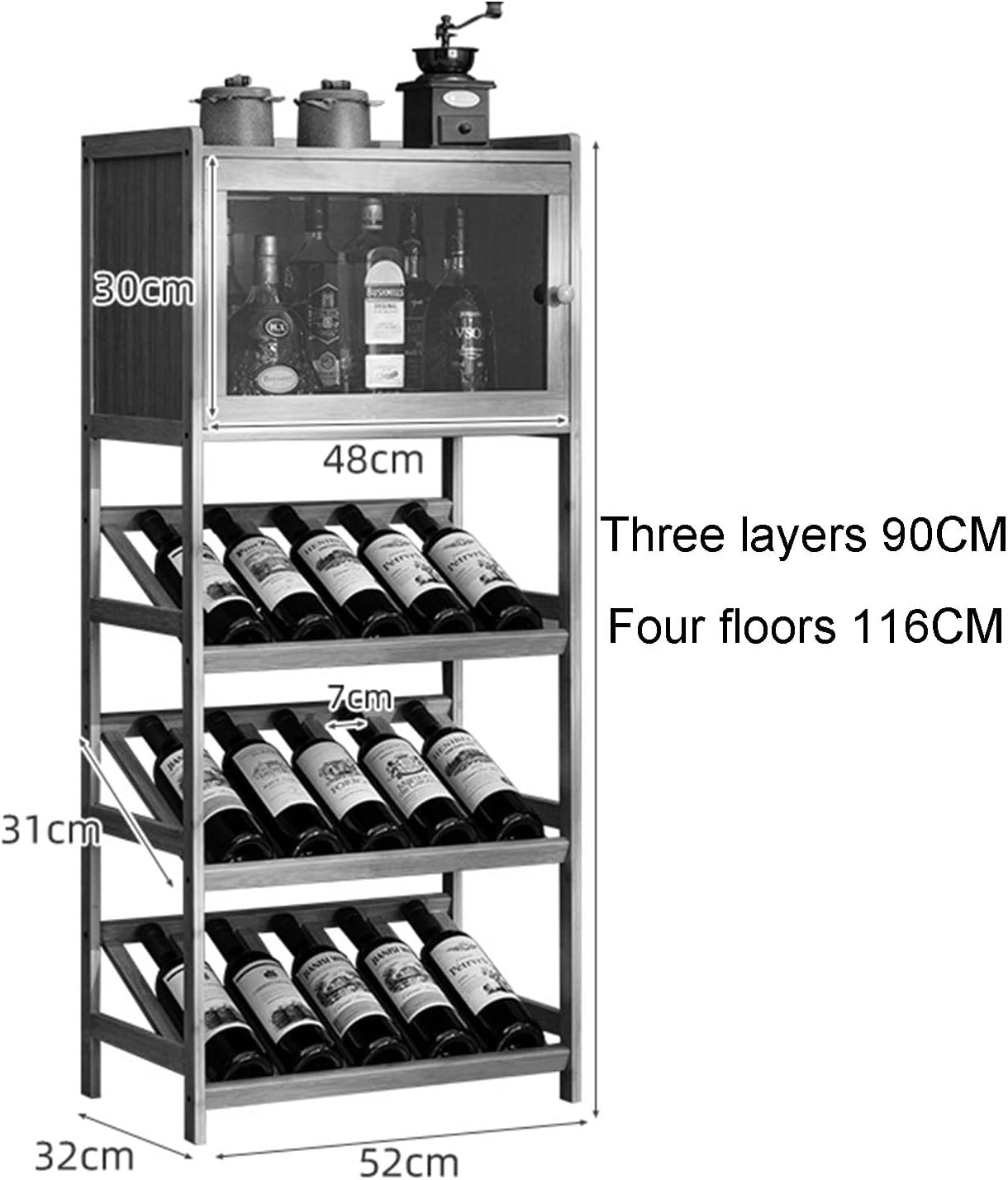 Industrial Wine Bar Cabinet, Wood Freestanding Wine Bar Rack with Tabletop for Kitchen Pantry Cabinet Space-Saving (Color : Brown, Size : 52x30x116cm)