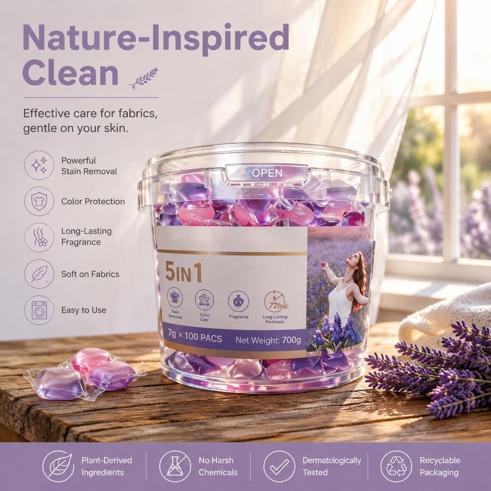 Cápsulas de lavandería 5 en 1 de lavanda, 100 unidades, aroma 72 h