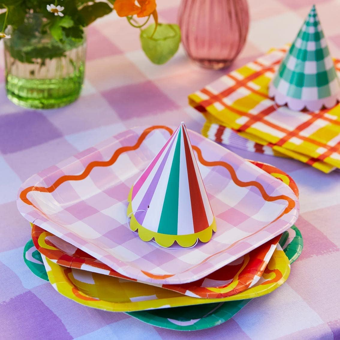 Talking Tables 12 x 7" Summer Gingham Paper Plates, Disposable Colorful Picnic Plates for Birthday, Tea Party, Garden Party, Baby Shower