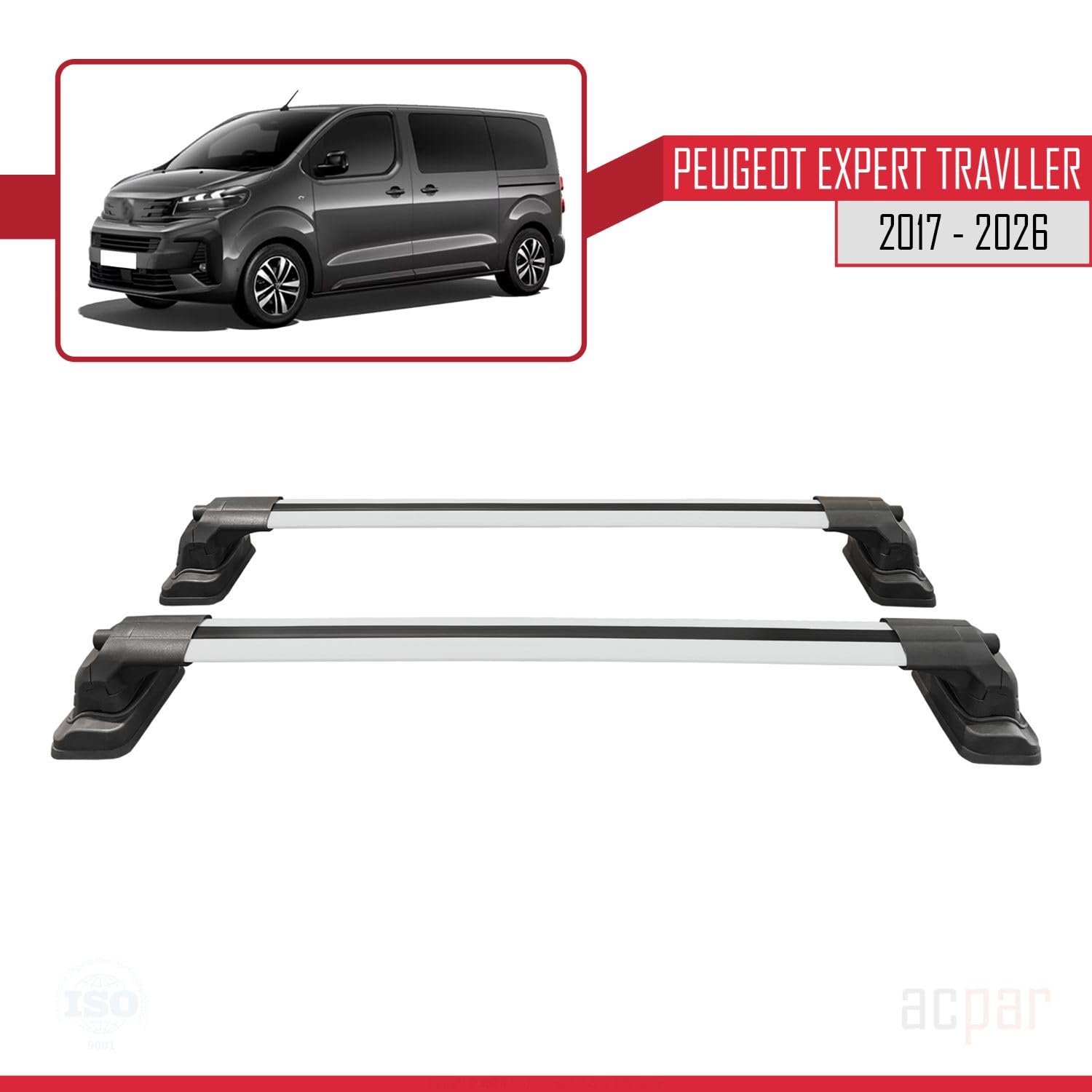Compatible avec Peugeot Expert Traveller (K0) 2017-2026 ACE-3 Modèle Barres de Toit Railing Porte-Bagages de Voiture Aluminium Gris 2 Barres