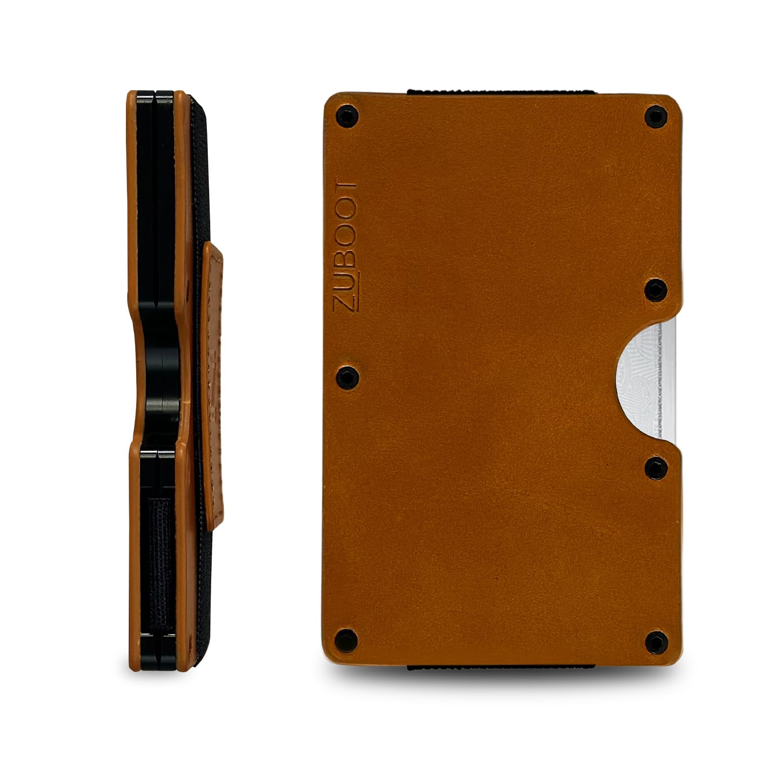 Leather RFID Wallet for Men – Slim Front Pocket Card Holder with Cash Strap – Soft Brown Leather, RFID-Blocking, Holds 16 Cards and Folded Bills (Caramel Brown Leather, Cash Strap)