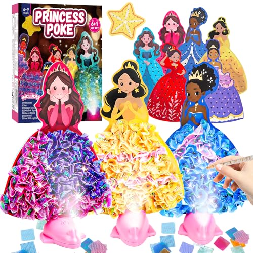 Fortand Poke-Art Crafts Kit for Kids, Princesses Craft Kits for Girls Ages 4-9 Paper Craft Kits with LED Base DIY Creative Activity Toys Gifts for Girls & Boys Ages 4 5 6 7 8 9 Mess-Free Fun for Kids