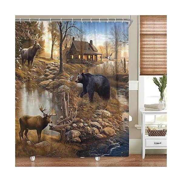Rustic farmhouse shower curtain bear moose lodge woodland shower curtain set country lake lodge cabin shower curtain for bathroom decor with hooks 70x70in  urban country home decor