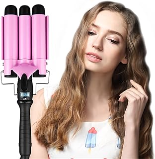 CkeyiN 3 Barrel Curling Iron, Professional Hair Wave Curling Curler Wand Tourmaline Ceramic With LCD Display, Fast Heating for Beachy Frizz Free Waves Curly Hair (25mm)