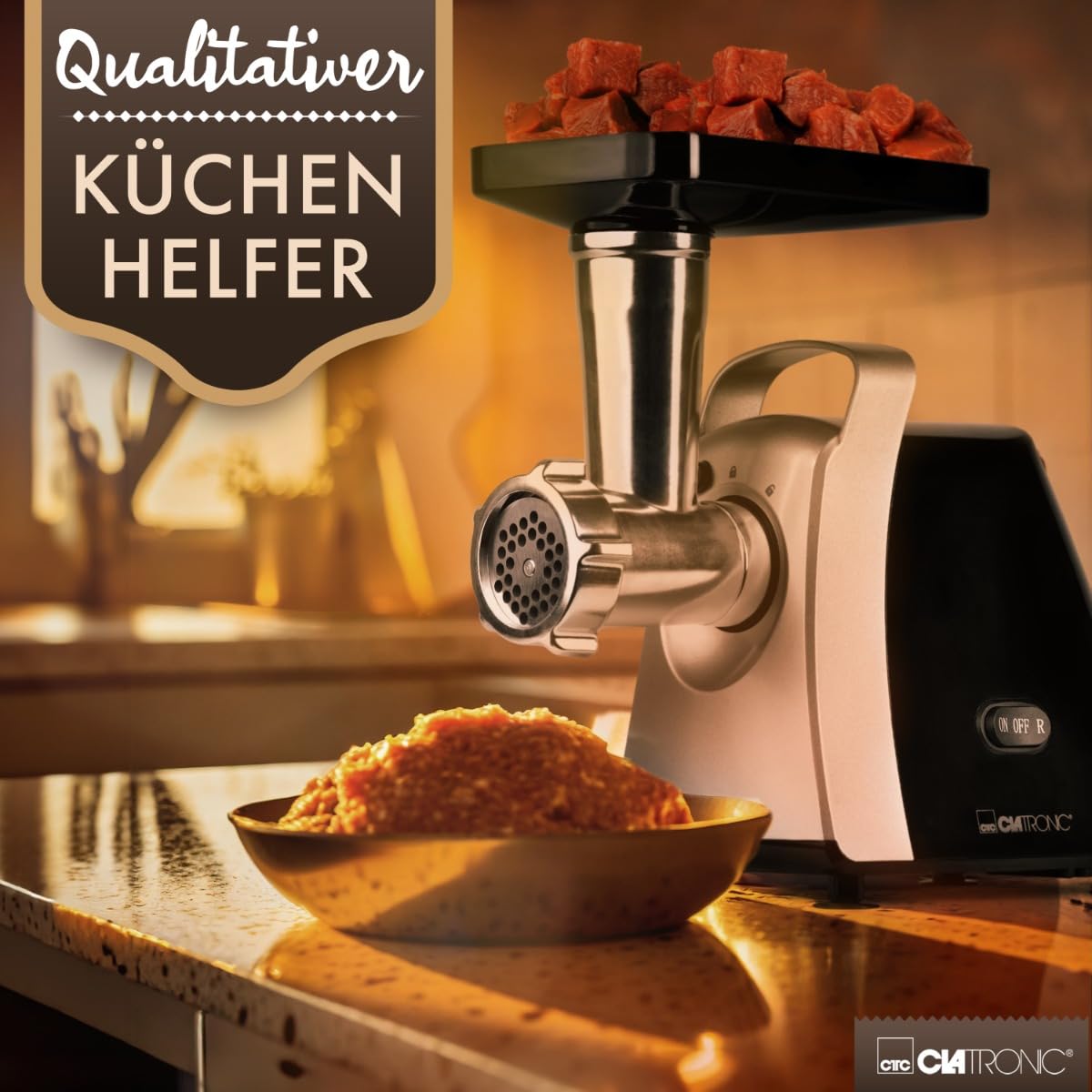 Clatronic® Fleischwolf 1000W Mit Aufsatz für Plätzchen & Spritzgebäck | 3 Metall-Scheiben | Vor-/Rücklauf | Wurstfüller | Metall-Hals u. Schnecke | FW 3803
