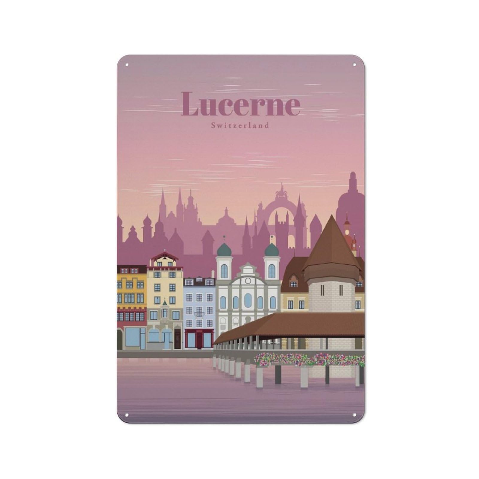 Junmoney Travel To Lucerne Office Metal Sign 30X20cm, Understated Office Wall Decor For Workspace, Cafe, Shop Or Desk Area