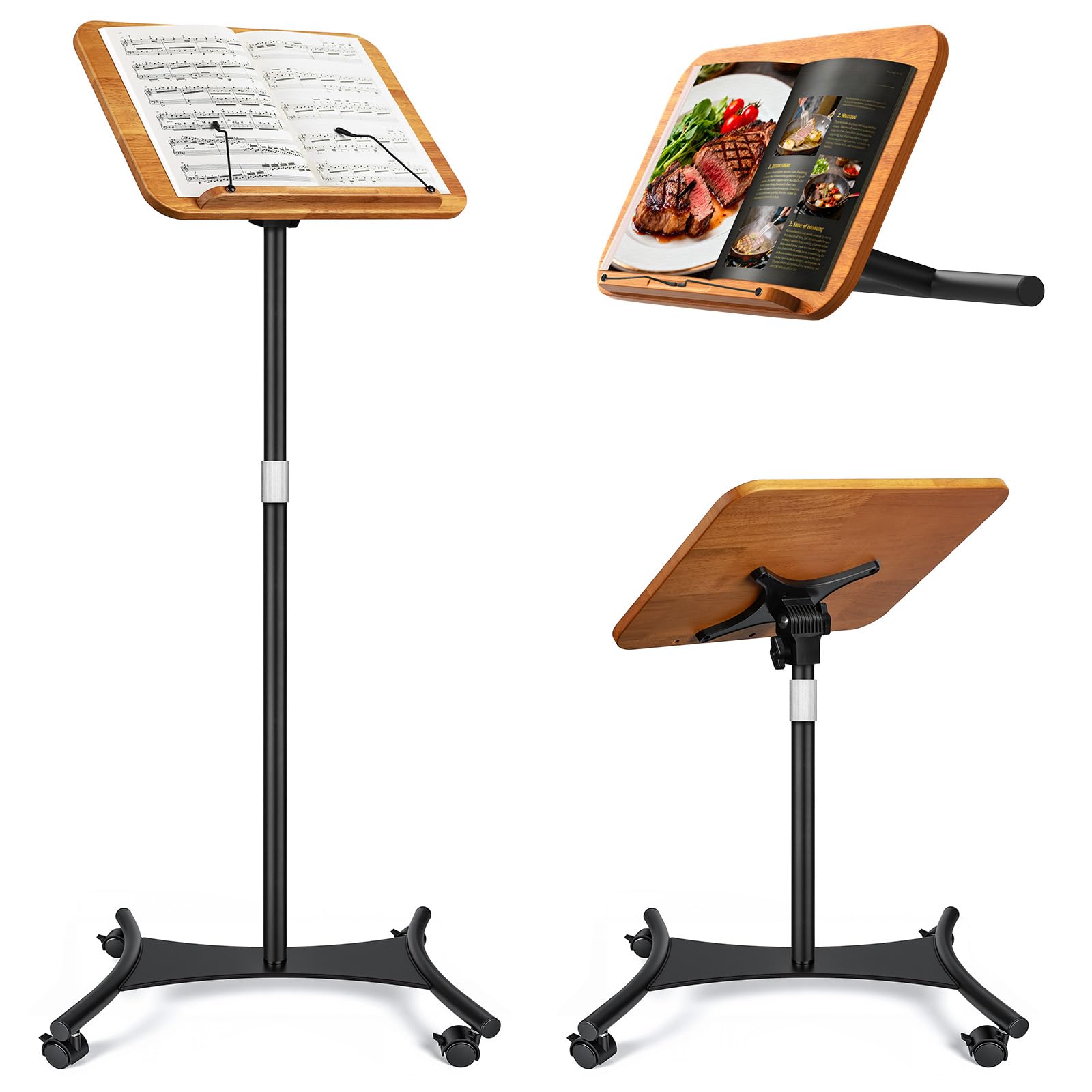 2 in 1 Dual-use Music Stand &amp; Desktop Book Stand, Adjustable Height 16.5"-51", 100% Solid Wood Laptop Floor Stand Book Holder with Elastic Page Clips for Cookbooks (Brown-Wheeled)