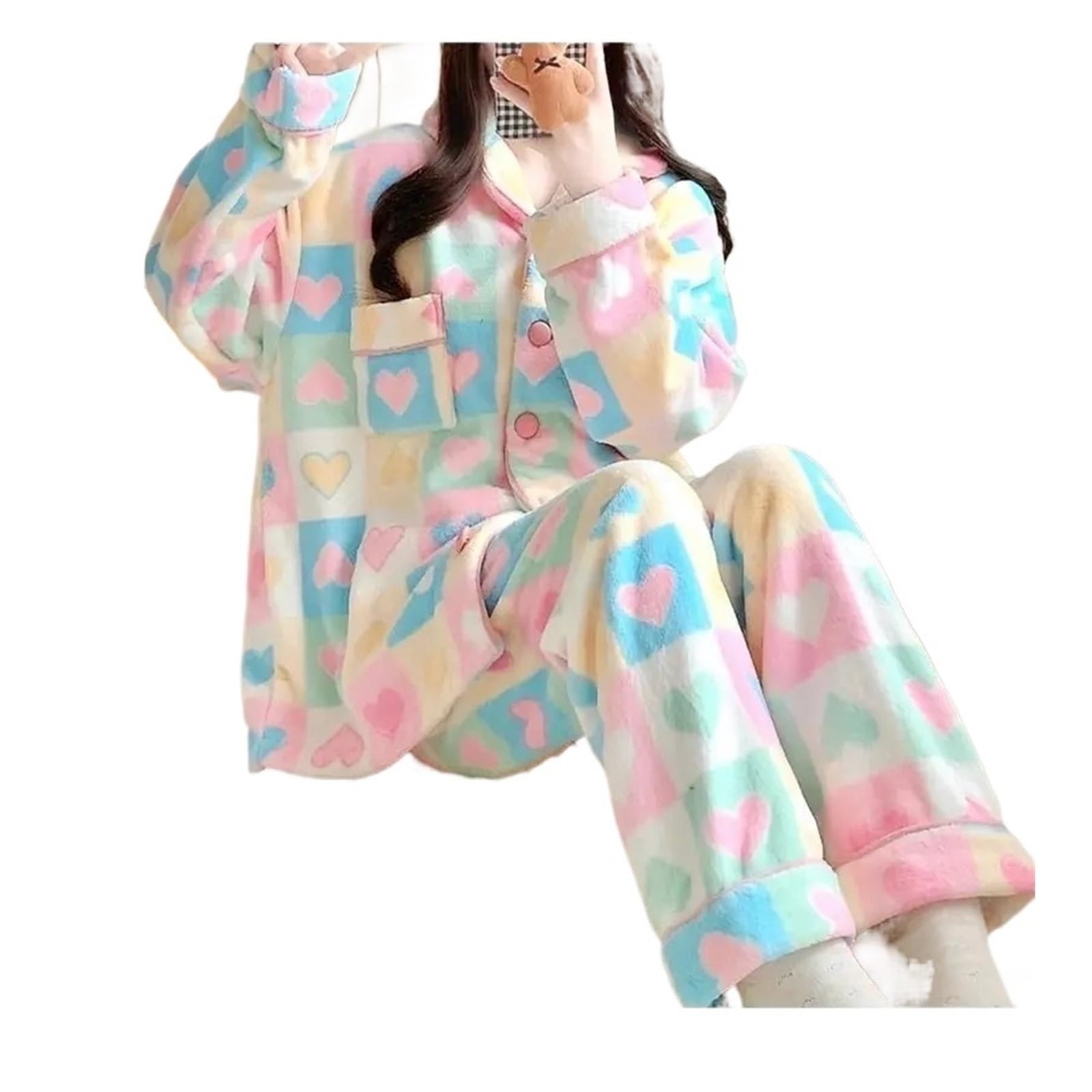 Women's Sweet Pajamas Set – Love & Striped Print, Long Sleeve Sleepwear Suit, Button Top and Pants with Pockets, Soft(XL 58-65kg)