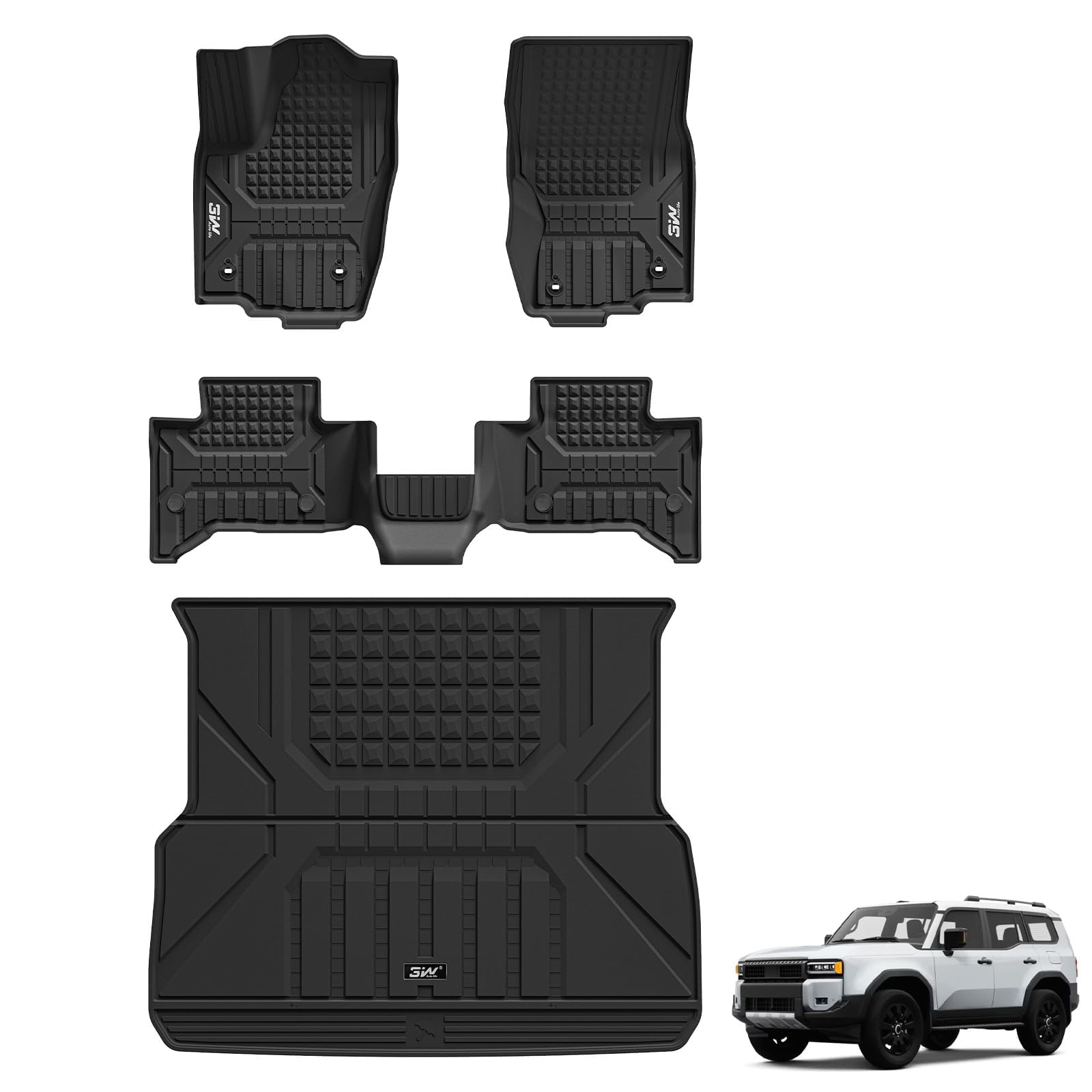 3W Floor Mats & Cargo Liner for 2024 2025 2026 Toyota Land Cruiser Prado & Lexus GX550 5 Seat (with CoolBox), TPE Custom Fit Floor Liner & Trunk Mats
