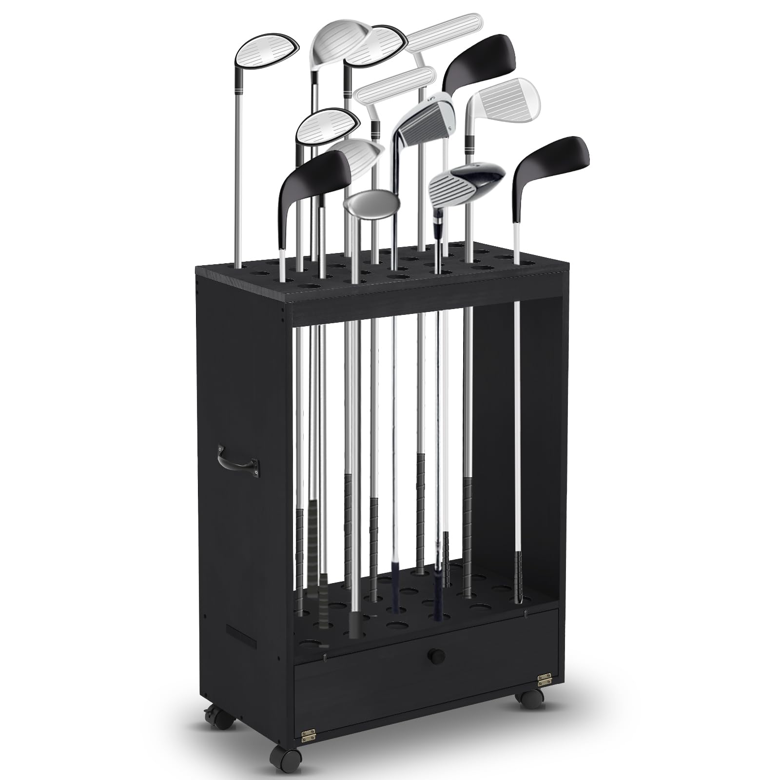 Wooden Golf Club Stand Holder Golf Putter Handle and Wheel Golf Club Holder 27 Golf Clubs, Multiple Golf Ball and Putter Covers, Golf Club Holder Indoor Home Office Club Simulator