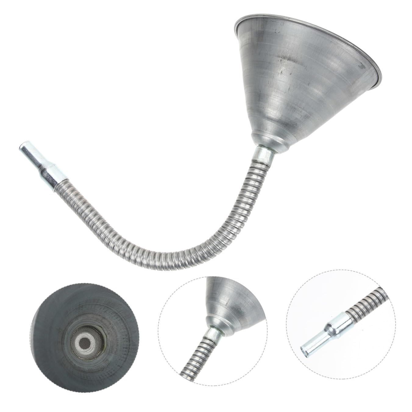 Embudo Flexible de Hierro de Cuello Largo para Cambio de Aceite | Plata, Filtro Integrado y Diseño sin Tapa, para Coches y Recarga de Emergencia en Taller