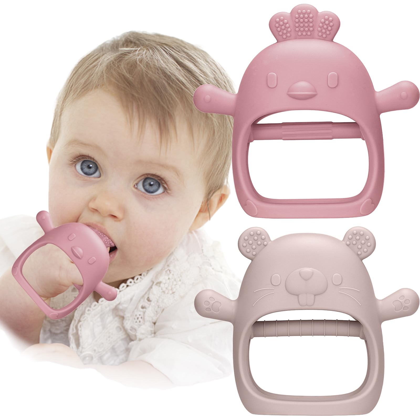 2 Packs Baby Teething Toys Silicone Teething Mittens for Infants 3 Months+, Never Drop & Easy to Hold Teethers, Helps Soothing Gums & Sucking Needs, Teething Relief (Rose)