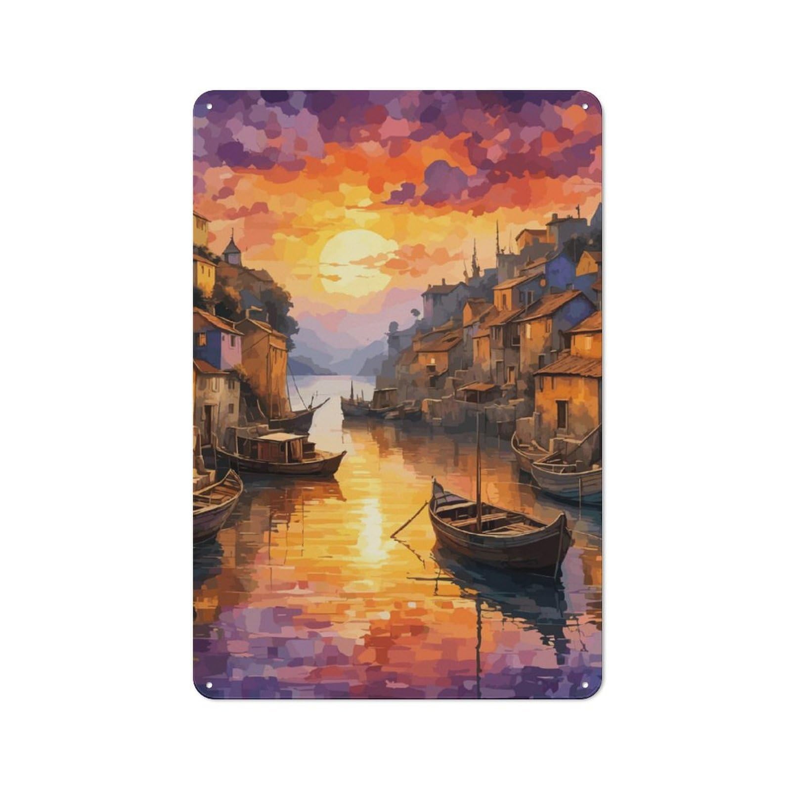 Junmoney A Tiny Fishing Town Rustic Metal Sign 30X20cm Featuring For Hallway Wall, For Collectors Decorating Hallways And Entrance Areas