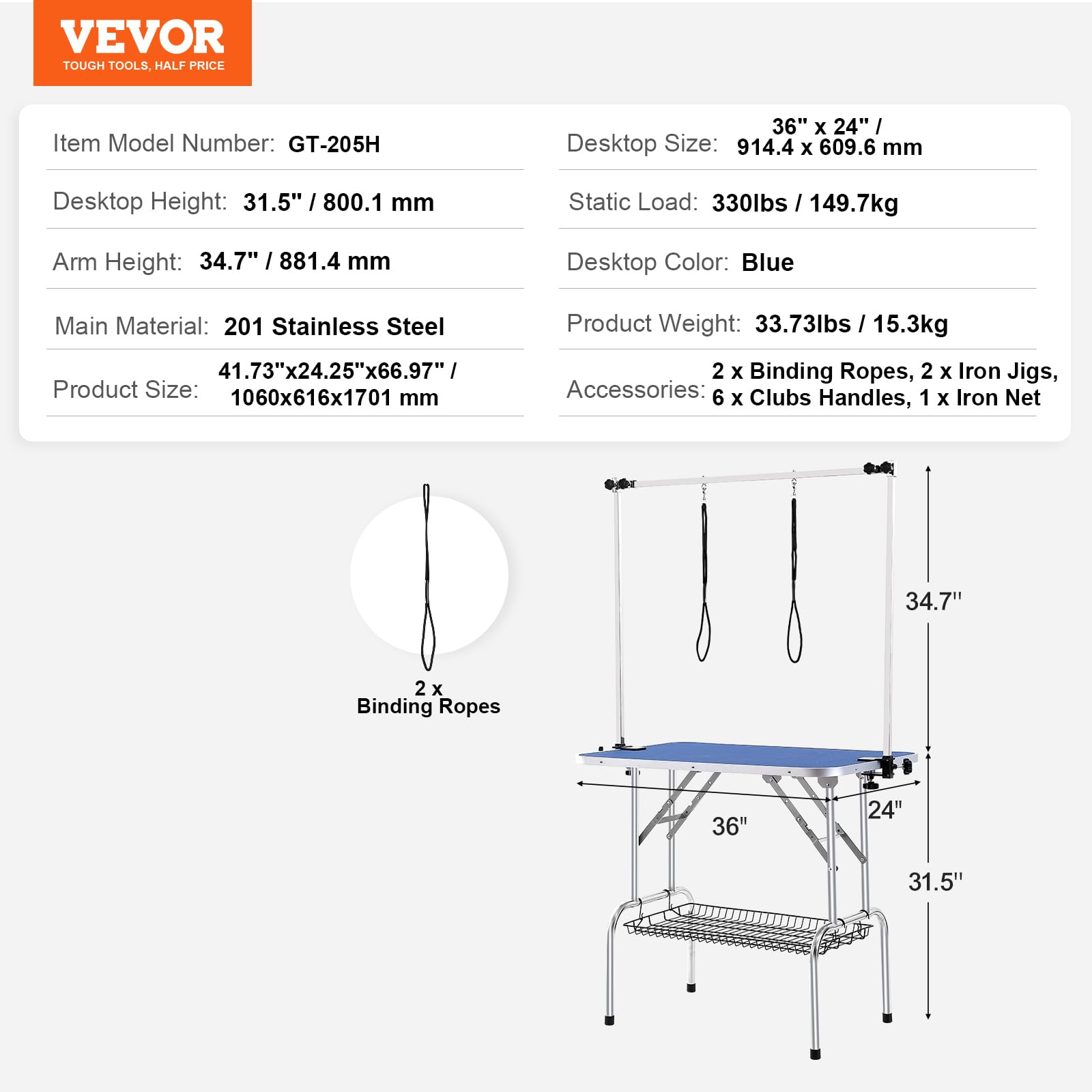 VEVOR Trimmtisch 1060x616x1701mm Schertisch Edelstahl Hundepflegetisch 150kg Tragfähigkeit Frisiertisch Hund Faltbar Tierpflegetisch 914,4x609,6mm Desktop Ideal für Baden Trimmen Trocknen Bürsten