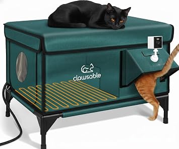 Indestructible Heated Cat House with Pet Camera for Outside Winter, 100% Waterproof, Escape Door, Insulated Outdoor Cat Shelter with Heater for Feral Barn Cat Kitty Forest Green, 25.5"x16"x18"