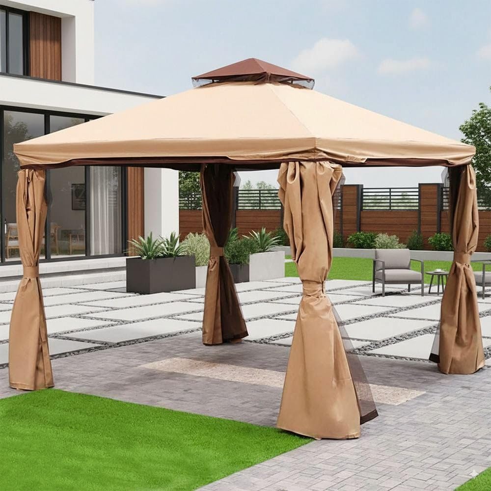 Sponsored Ad – Danube Home Sandra Gazebo I Aluminium Frame I Fabric Roof with Curtain I Weather Resistant Garden Patio Canopy with Mosquito Net I Garden Party Tent Modern Design Outdoor Furniture Size 10x10 Ft-Beige